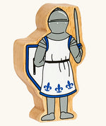 Back of the Lanka Kade blue front facing knight wooden toy figure.