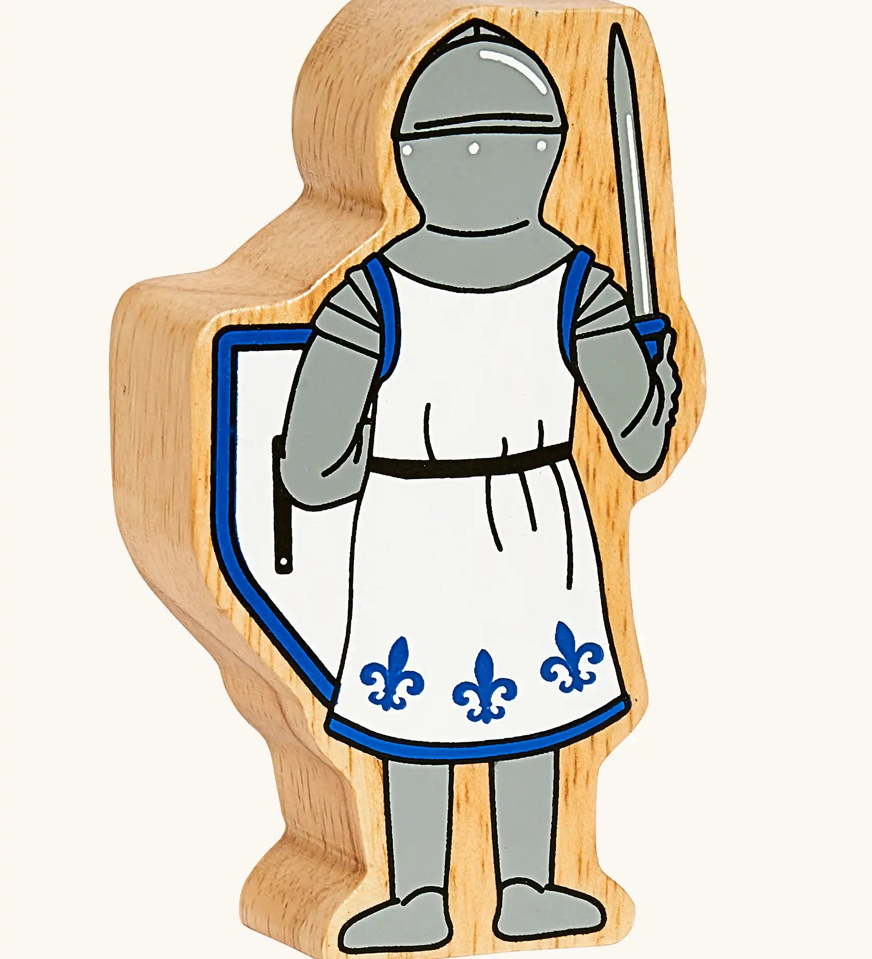 Back of the Lanka Kade blue front facing knight wooden toy figure.