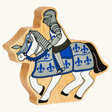 Lanka Kade blue knight on horseback wooden toy figure.