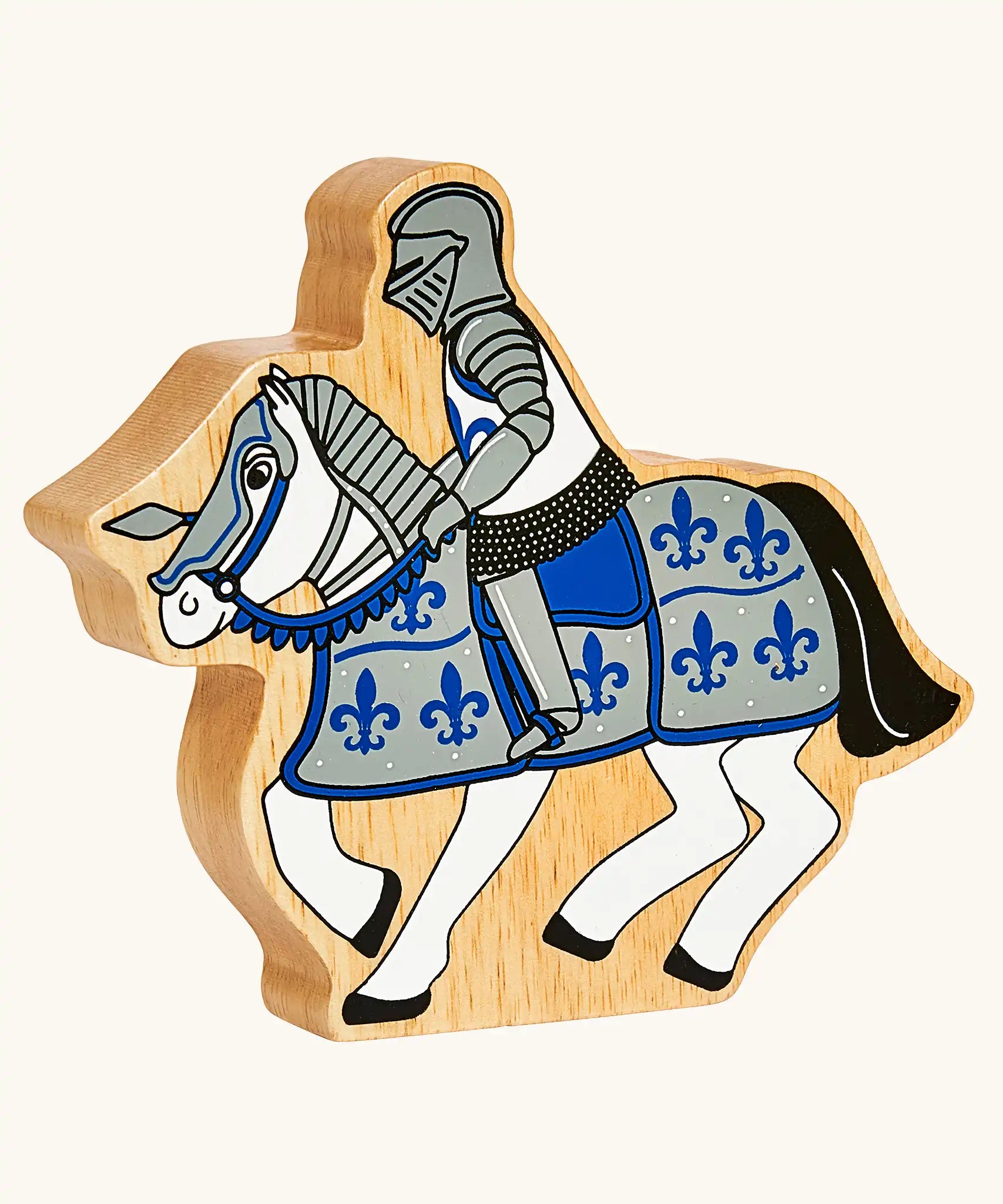 Lanka Kade blue knight on horseback wooden toy figure.