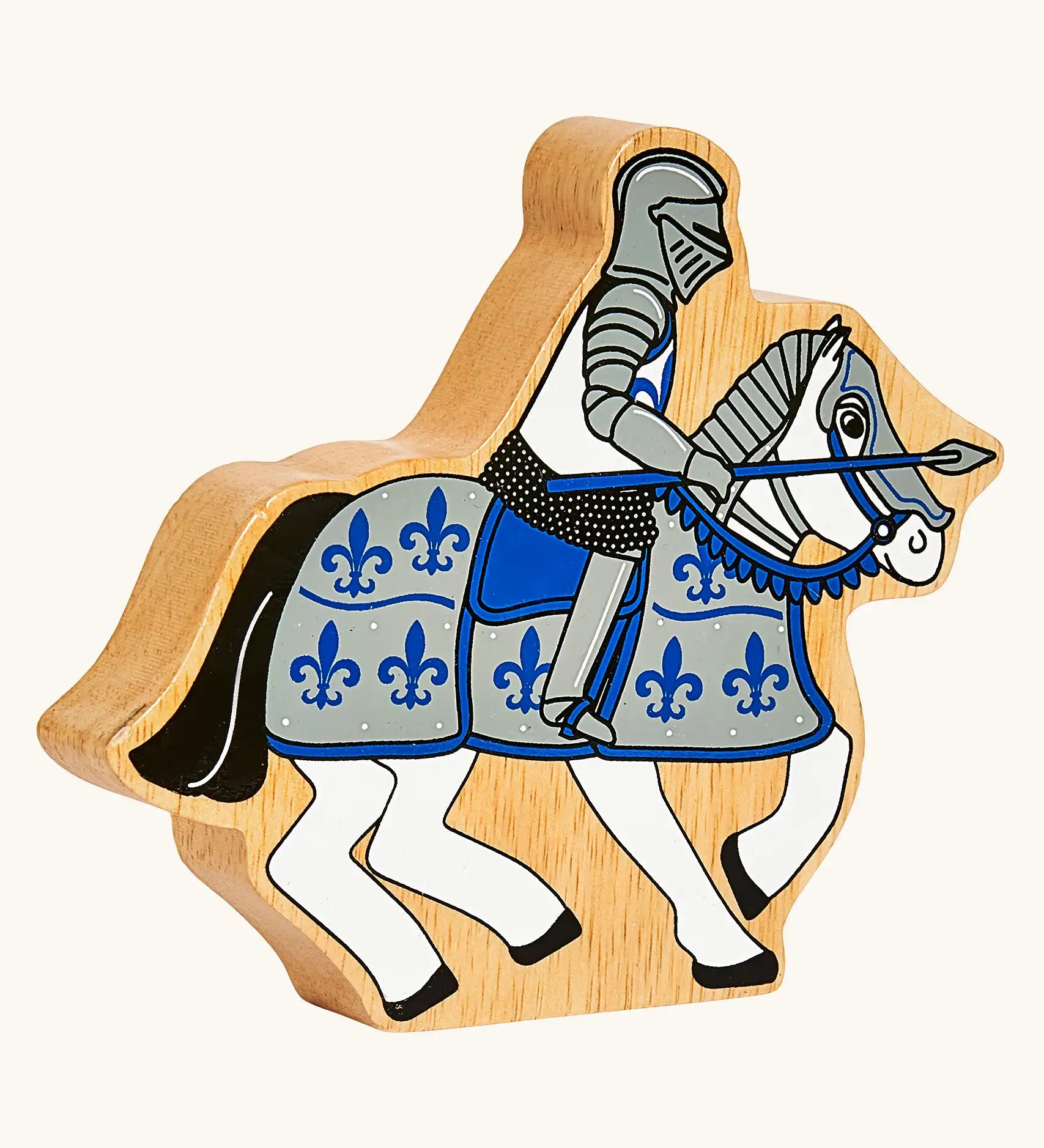 Lanka Kade blue knight on horseback wooden toy figure.