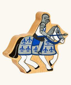 Lanka Kade blue knight on horseback wooden toy figure.