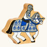 Lanka Kade blue knight on horseback wooden toy figure.