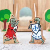 Lanka Kade wooden blue knight figure with morning star standing next to red knight with sword figure