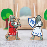 Lanka Kade red knight figure with morning star standing next to a blue knight with shield figure 