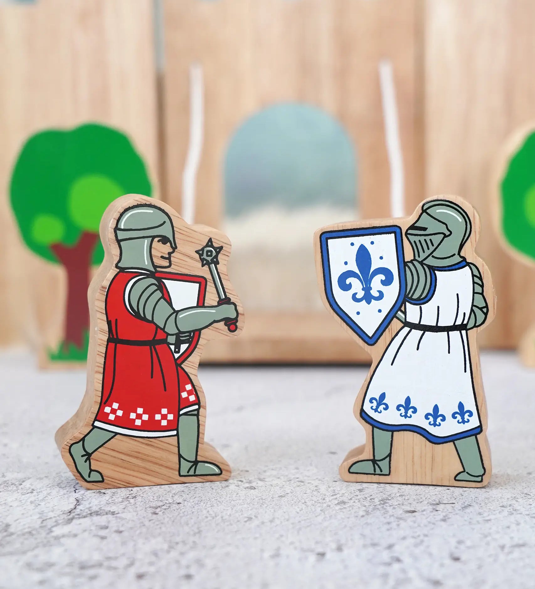 Lanka Kade red knight figure with morning star standing next to a blue knight with shield figure 