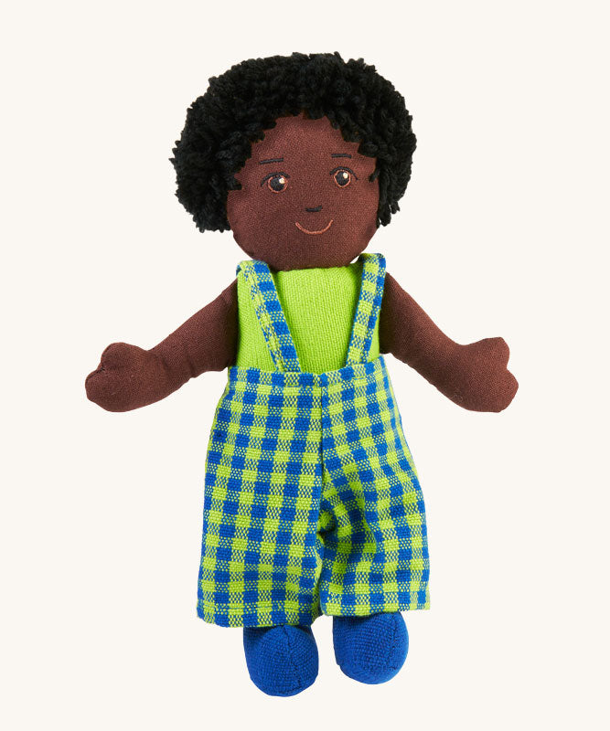 A Lanka Kade Boy Doll with Black Skin and Black Hair. The colour of the dolls outfit will vary.
