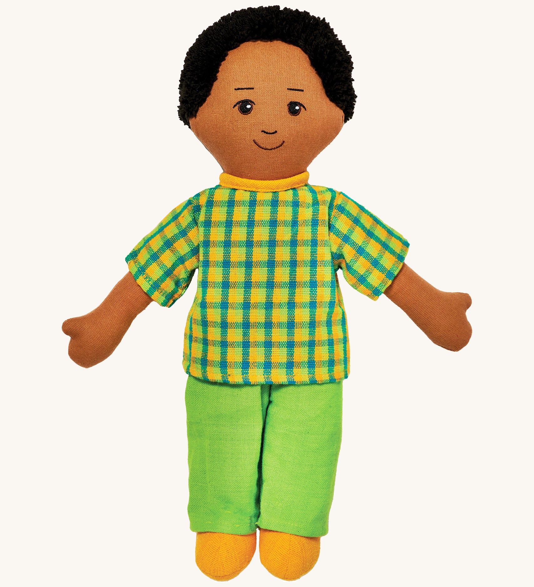 Lanka Kade dad doll with brown skin and black hair. Features a short sleeve top in a chequered style, coloured trousers and stitched on shoes. 