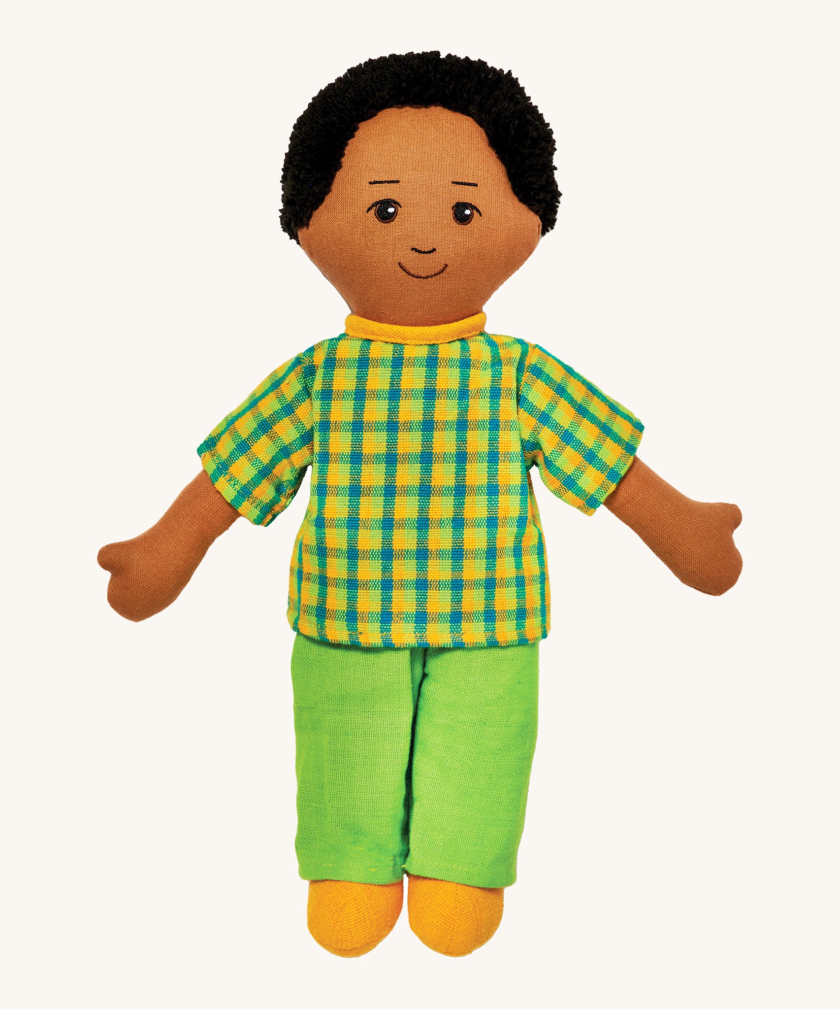 Lanka Kade dad doll with brown skin and black hair. Features a short sleeve top in a chequered style, coloured trousers and stitched on shoes. 