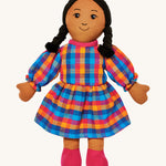 Lanka Kade mum doll with brown skin and long black hair. Features a long dress in a multicoloured check style and stitched on shoes. 
