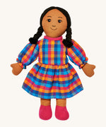 Lanka Kade mum doll with brown skin and long black hair. Features a long dress in a multicoloured check style and stitched on shoes. 