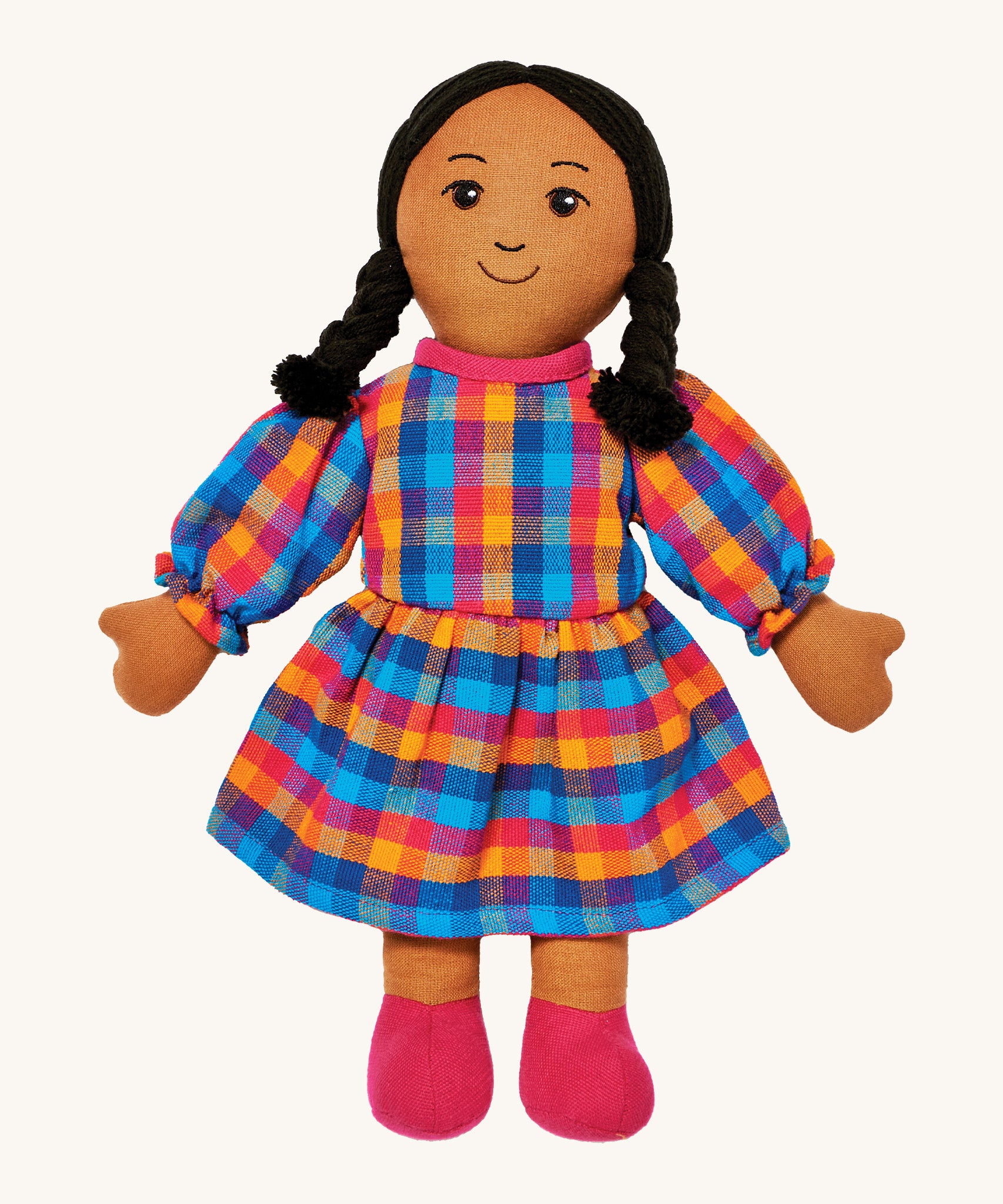 Lanka Kade mum doll with brown skin and long black hair. Features a long dress in a multicoloured check style and stitched on shoes. 