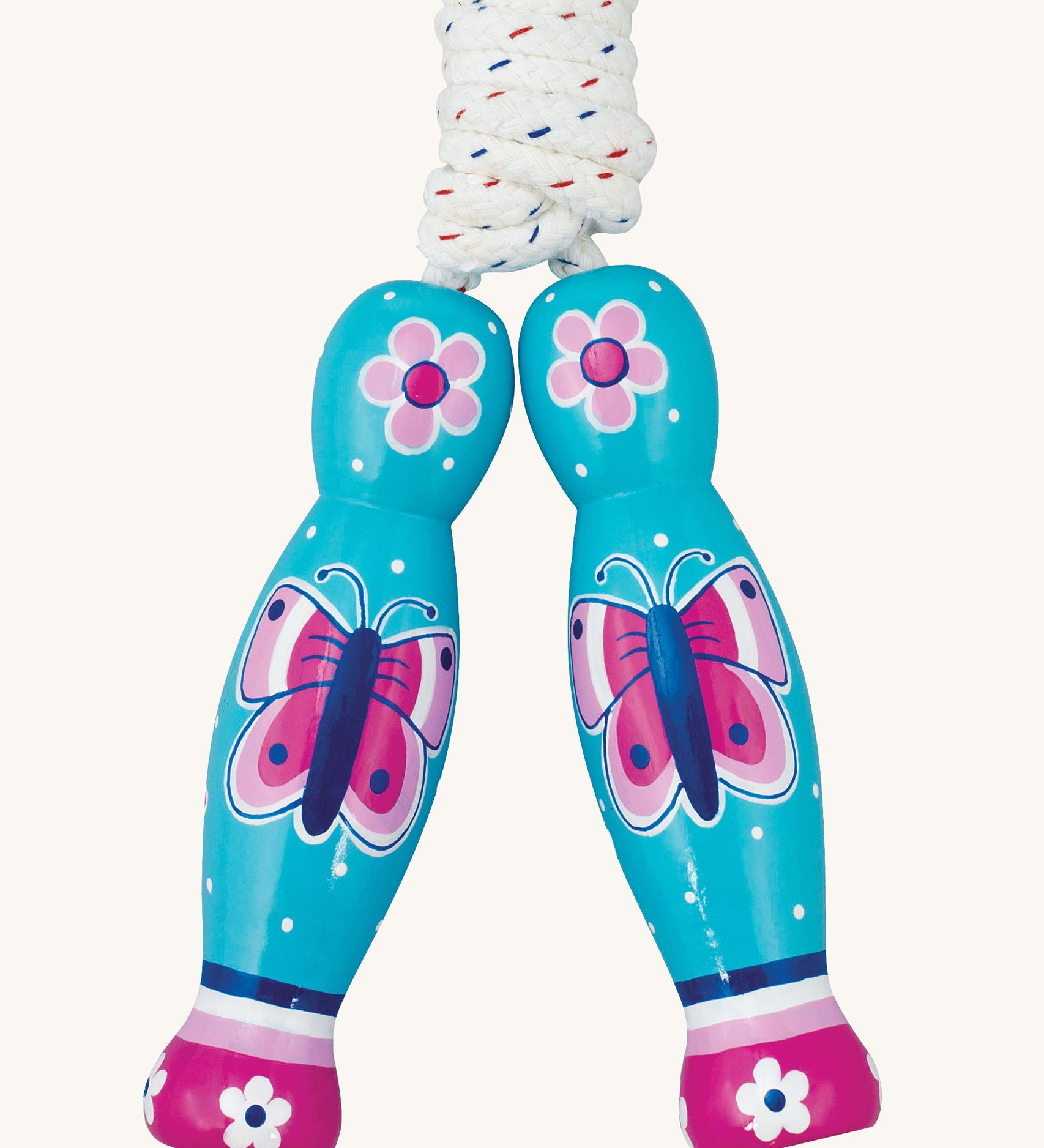 Butterfly design Lanka Kade wooden handled children's skipping rope. We are proud stockist of Lanka Kade's range or fair trade wooden toys here at Babipur. 