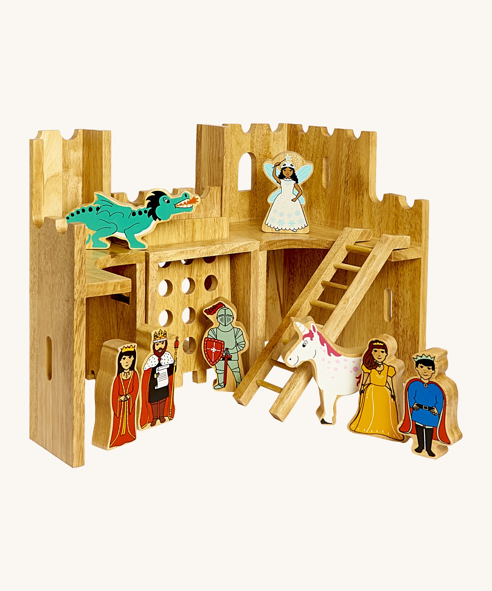 Back view of the wooden Lanka Kade castle with the fairytale wooden figures. Showing the corner walls with window holes, the lowered drawbridge and gate with a ladder that connects the ground floor and 1st floor