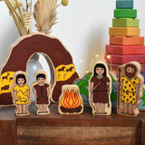 Lanka Kade Prehistoric Playset. A play set that contains 8 wooden figure and scenery pieces. These wooden toy figures are part of a huge range of Lanka Kade fair trade, wooden toys available here at Babipur.