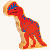The Lanka Kade Dilophosaurus dinosaur figure, a chunky natural rubberwood toy ethically made in Sri Lanka.