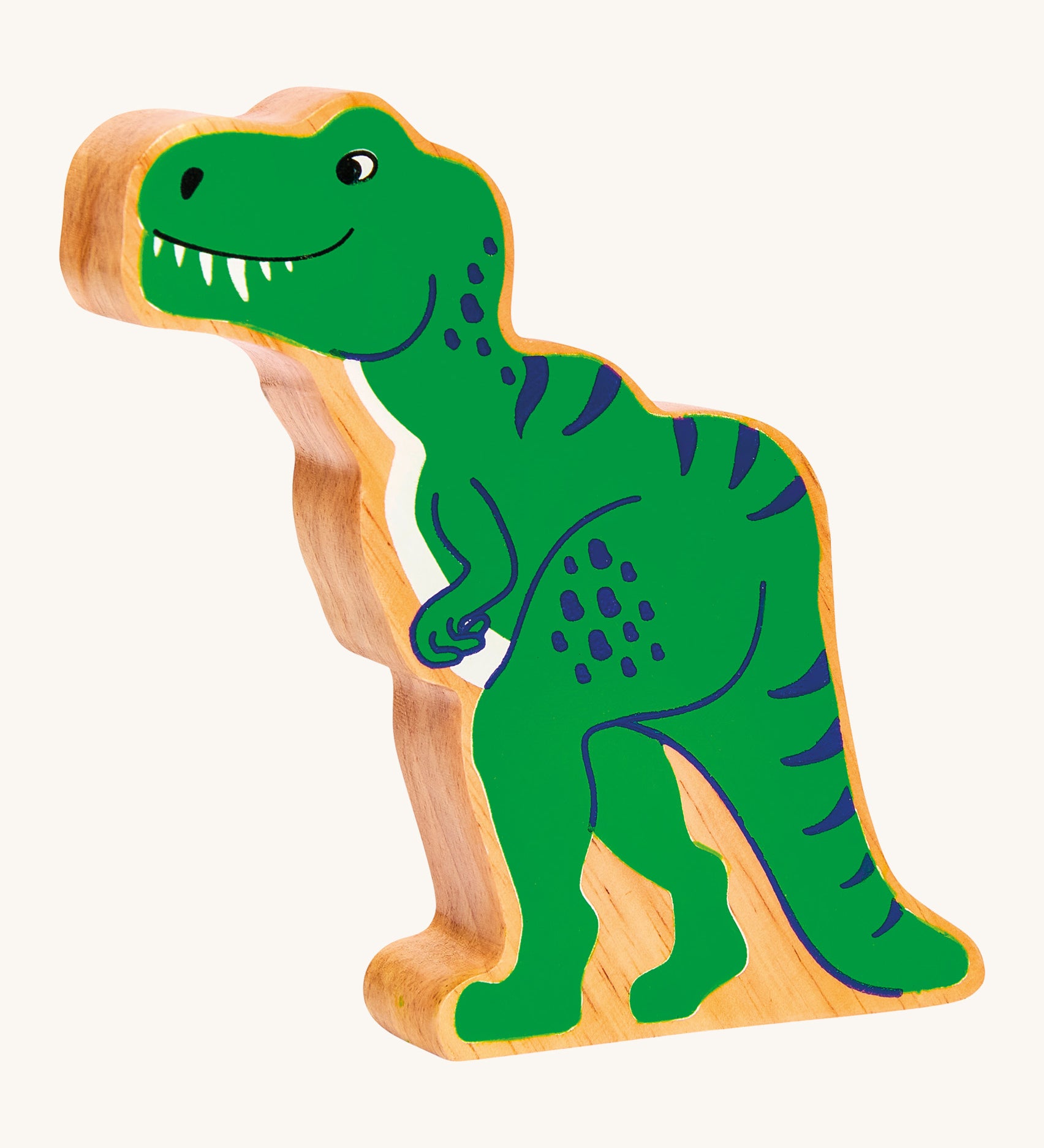 The Lanka Kade Tyrannosaurus Rex dinosaur figure, a chunky natural rubberwood toy ethically made in Sri Lanka.