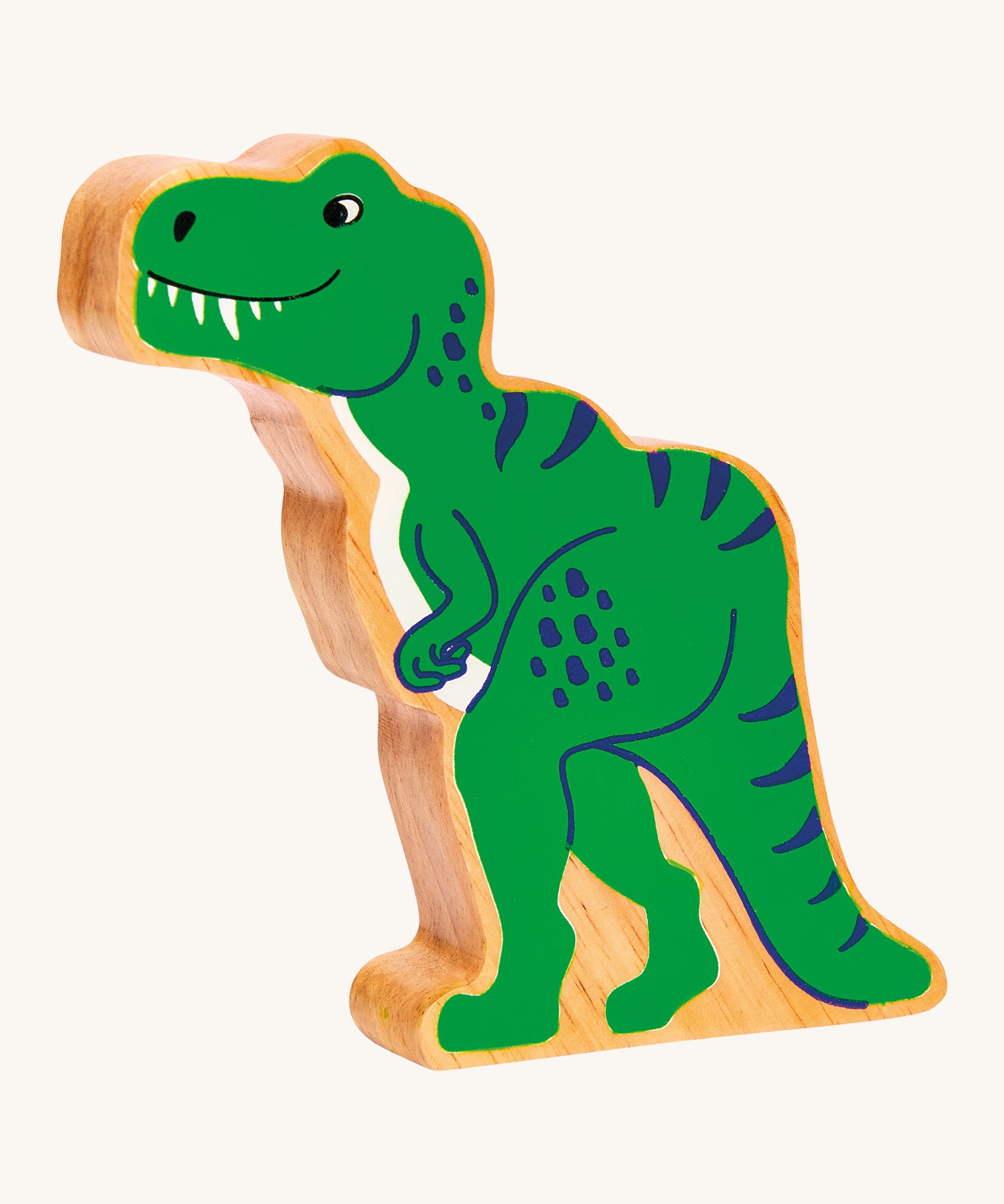 The Lanka Kade Tyrannosaurus Rex dinosaur figure, a chunky natural rubberwood toy ethically made in Sri Lanka.