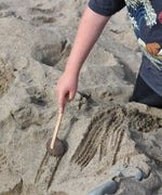 A child using the coconut rake utensil to make marks on the sand at a beach. The rake is part of a collection of coconut tools and bowls from Lanka Kade. 