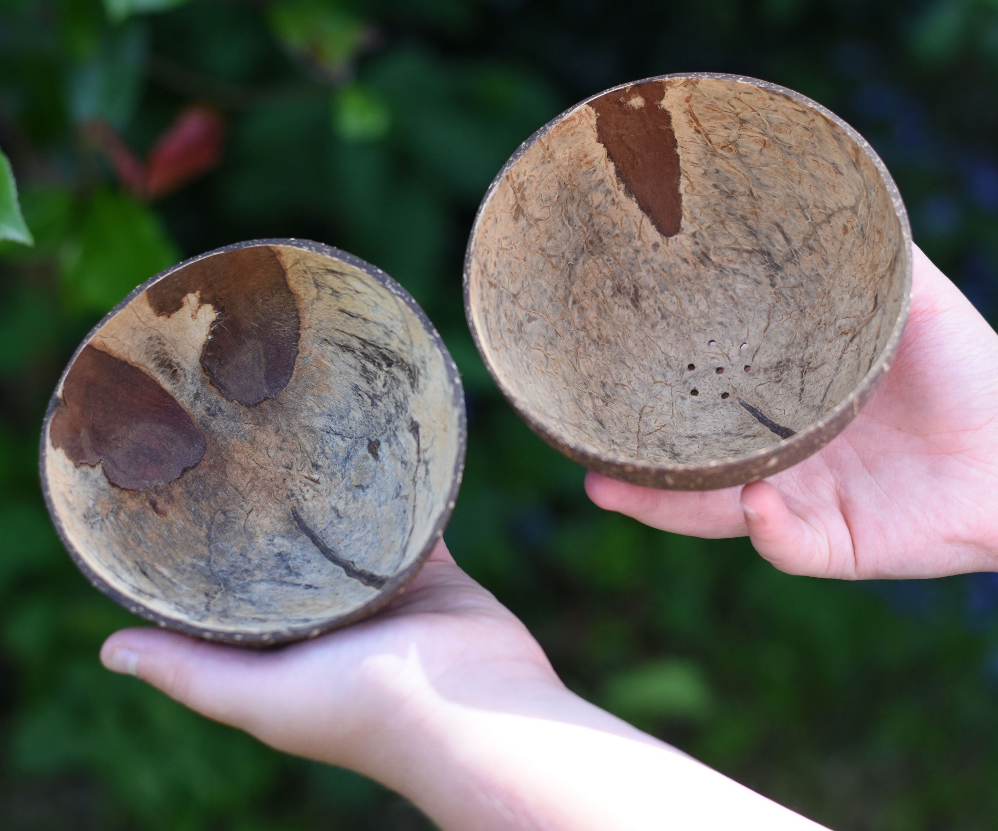 Two coconut shell bowls in a child's hand. One bowl has holes in it to allow for water or sand to flow through. 