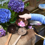 A close up of a child's hand placing pink coloured peony petals into a Lanka Kade coconut shell bowl. The the bowl and utensils from the water play set can be seen placed around the mud kitchen. 