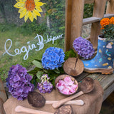 The Lanka Kade Coconut Shell Water Playset laid out on the surface of a mud kitchen outdoors. Blue and purple coloured hydrangeas have been placed behind them. A perspex board can be seen in the background with the words 'Cegin Babipur' which is welsh for Babipur Kitchen written with Kitpas crayons along with a drawing of a sunflower head.