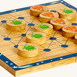A close up of the Lanka Kade cosmic wooden board game showing the circular counter detail and thickness of the board and counters