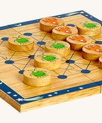 A close up of the Lanka Kade cosmic wooden board game showing the circular counter detail and thickness of the board and counters