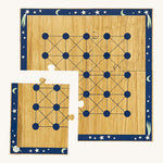 A close up of the Lanka Kade cosmic wooden board game with one piece of the board taken off showing the jigsaw detail 