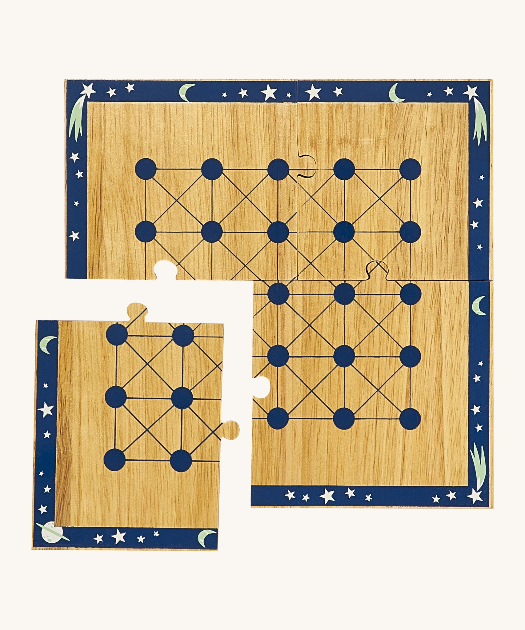 A close up of the Lanka Kade cosmic wooden board game with one piece of the board taken off showing the jigsaw detail 
