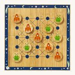 Lanka Kade cosmic wooden board game. A wooden square board game with a decorative outer space border. Set is made up from 4 jigsaw pieces with 5 rocket ship and alien circular counters.