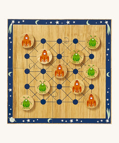Lanka Kade cosmic wooden board game. A wooden square board game with a decorative outer space border. Set is made up from 4 jigsaw pieces with 5 rocket ship and alien circular counters.