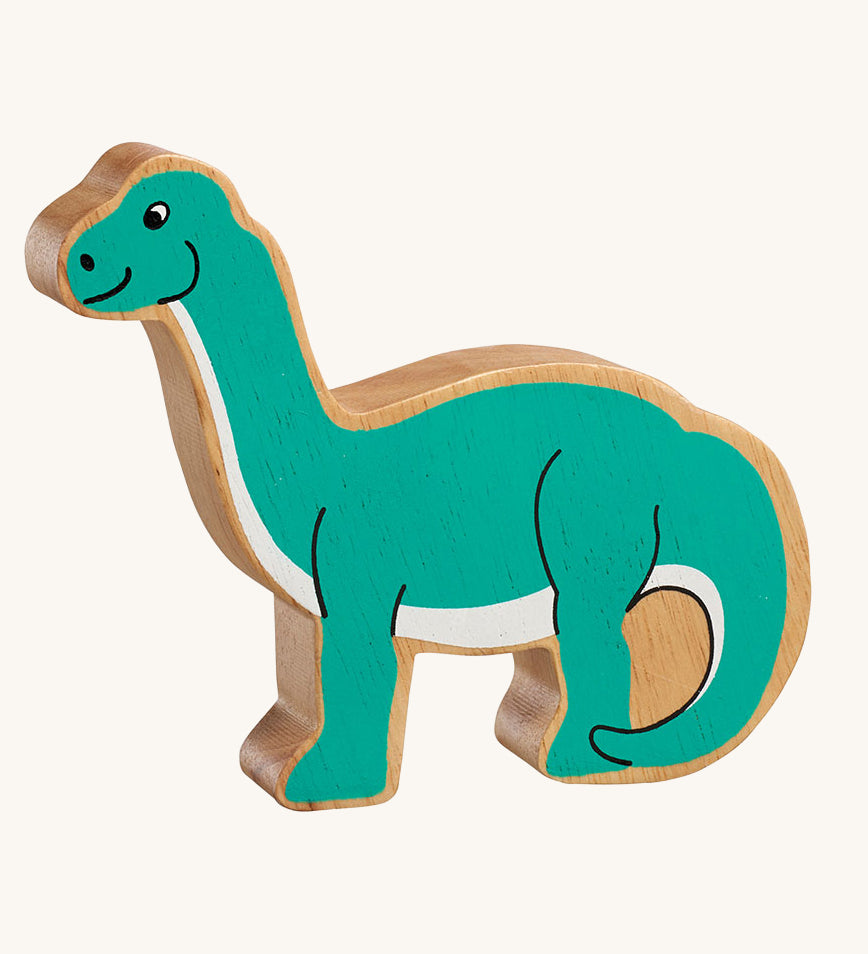 A Lanka Kade green diplodocus dinosaur wooden toy figure. These wooden toy figures are part of a huge range of Lanka Kade fair trade, wooden toys available here at Babipur.