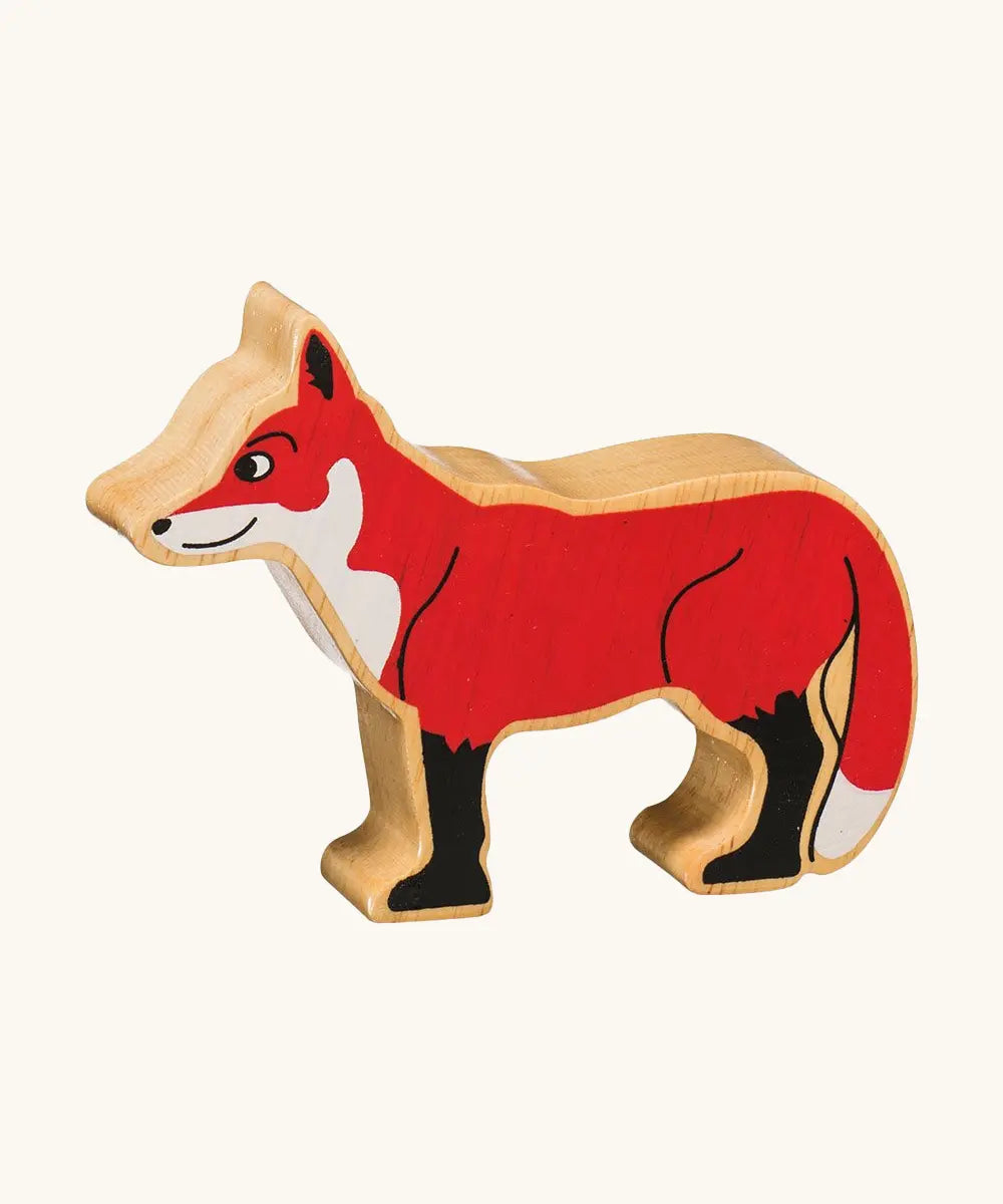 Lanka Kade red fox wooden toy figure. Painted surface and natural wooden sides. 