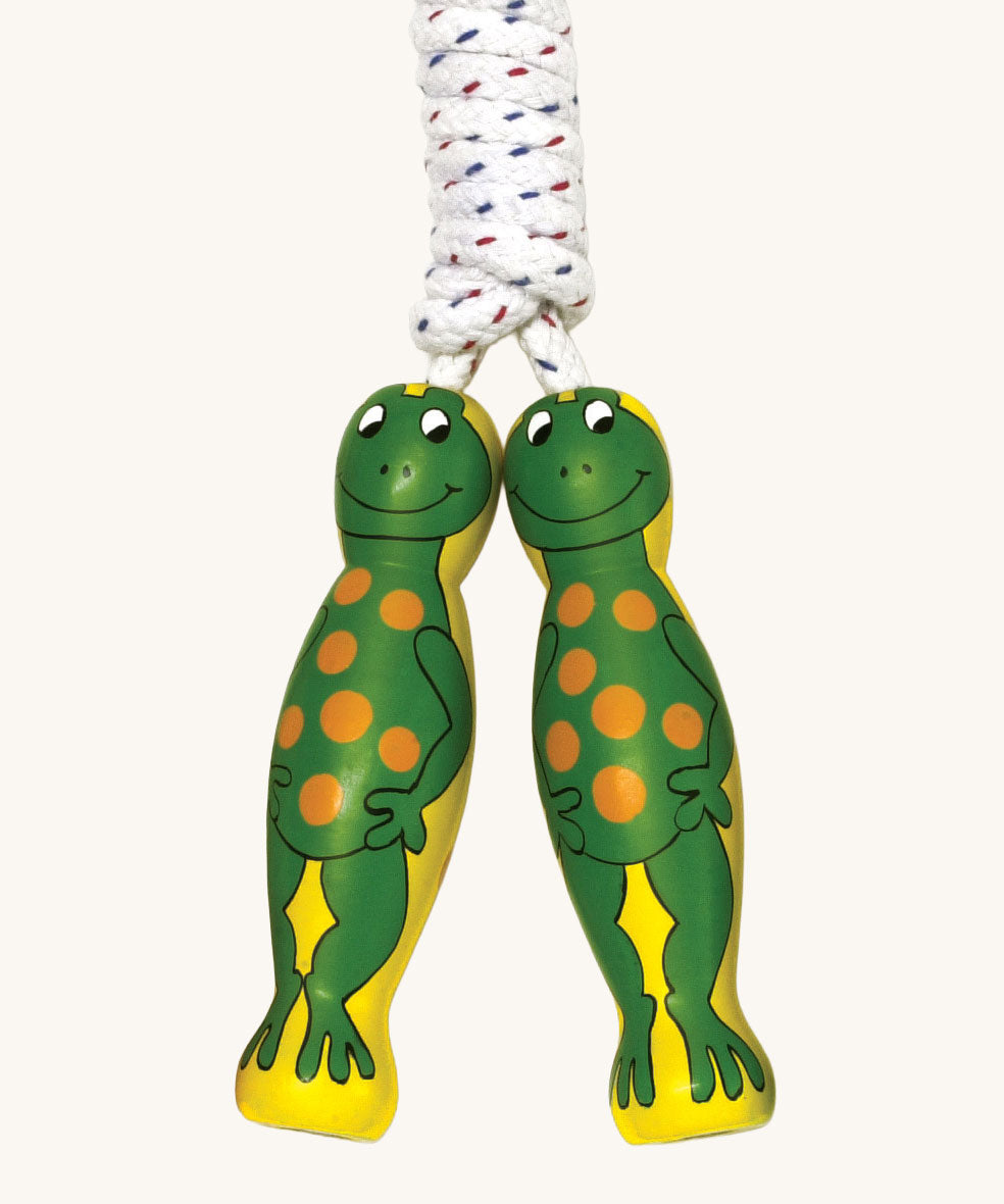 Frog design Lanka Kade wooden handled children's skipping rope. We are proud stockist of Lanka Kade's range or fair trade wooden toys here at Babipur. 