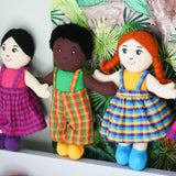 A line up of Lanka Kade fair trade girl and boy rag dolls. 