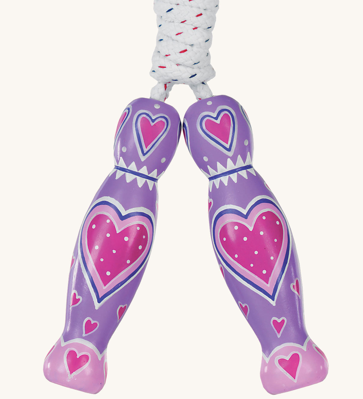 Purple hearts design Lanka Kade wooden handled children's skipping rope. We are proud stockist of Lanka Kade's range or fair trade wooden toys here at Babipur. 