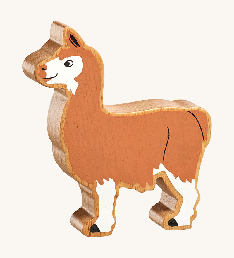 A Lanka Kade brown and white Llama wooden toy figure. These wooden toy figures are part of a huge range of Lanka Kade fair trade, wooden toys available here at Babipur.