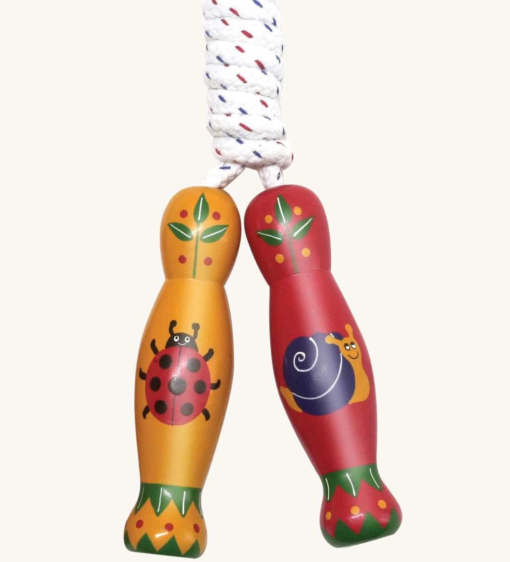 Mini beasts design Lanka Kade wooden handled children's skipping rope. We are proud stockist of Lanka Kade's range or fair trade wooden toys here at Babipur. 