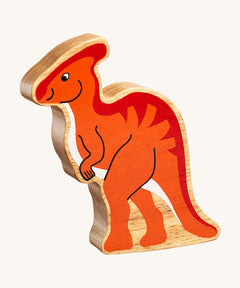 Lanka Kade orange Parasaurolophus Dinosaur wooden toy figure. These wooden toy figures are part of a huge range of Lanka Kade fair trade, wooden toys available here at Babipur.