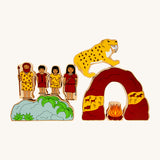 Lanka Kade Prehistoric Playset. A play set that contains 8 wooden figure and scenery pieces. These wooden toy figures are part of a huge range of Lanka Kade fair trade, wooden toys available here at Babipur.