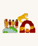 Lanka Kade Prehistoric Playset. A play set that contains 8 wooden figure and scenery pieces. These wooden toy figures are part of a huge range of Lanka Kade fair trade, wooden toys available here at Babipur.
