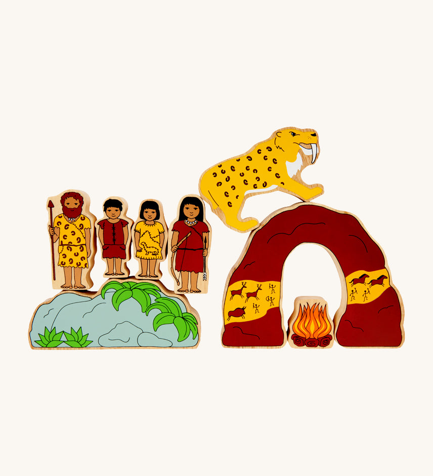 Lanka Kade Prehistoric Playset. A play set that contains 8 wooden figure and scenery pieces. These wooden toy figures are part of a huge range of Lanka Kade fair trade, wooden toys available here at Babipur.