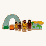 Lanka Kade Prehistoric Playset. A play set that contains 8 wooden figure and scenery pieces. These wooden toy figures are part of a huge range of Lanka Kade fair trade, wooden toys available here at Babipur.