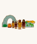 Lanka Kade Prehistoric Playset. A play set that contains 8 wooden figure and scenery pieces. These wooden toy figures are part of a huge range of Lanka Kade fair trade, wooden toys available here at Babipur.