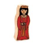 Wooden Lanka Kade Queen wearing a red dress with orange trim, black hair and a crown