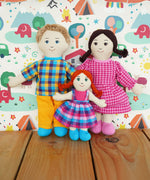 A Lanka Kade Fair Trade Rag Doll Dad with White Skin and Blonde hair, Mum with white skin and black hair and daughter with white skin and red hair.