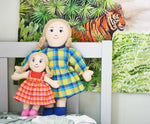 The Lanka Kade Rag Doll Mum with White Skin and Blonde Hair with a girl rag doll which also has blonde hair and white skin.