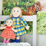 The Lanka Kade Rag Doll Mum with White Skin and Blonde Hair with a girl rag doll which also has blonde hair and white skin.