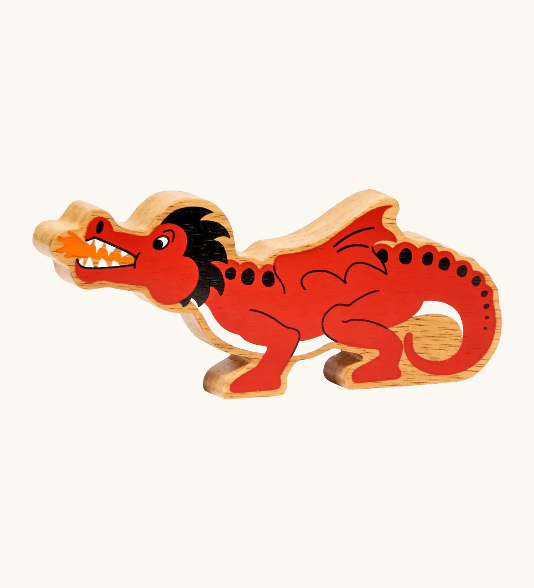Lanka Kade wooden toy dragon figure in red with black horns and tail details, and small orange accents on the mouth flame and feet